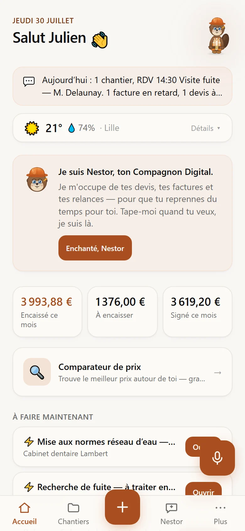 Écran d'accueil de l'application : salutation du jour, résumé de la journée, météo du chantier, trois chiffres d'argent et la liste des choses à faire.