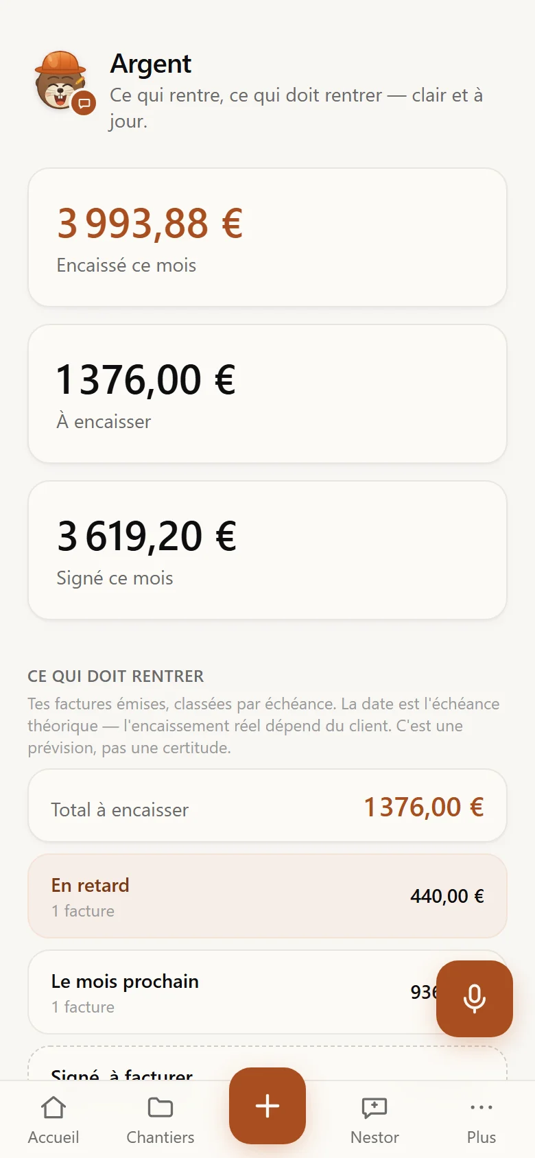 Écran argent : ce qui est encaissé, ce qui doit encore rentrer, classé par échéance.
