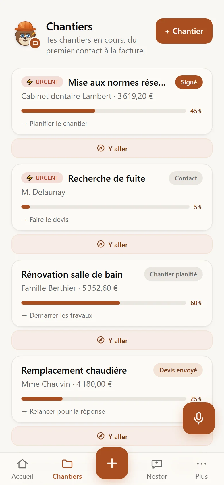 Liste des chantiers en cours, avec leur statut et le client concerné.