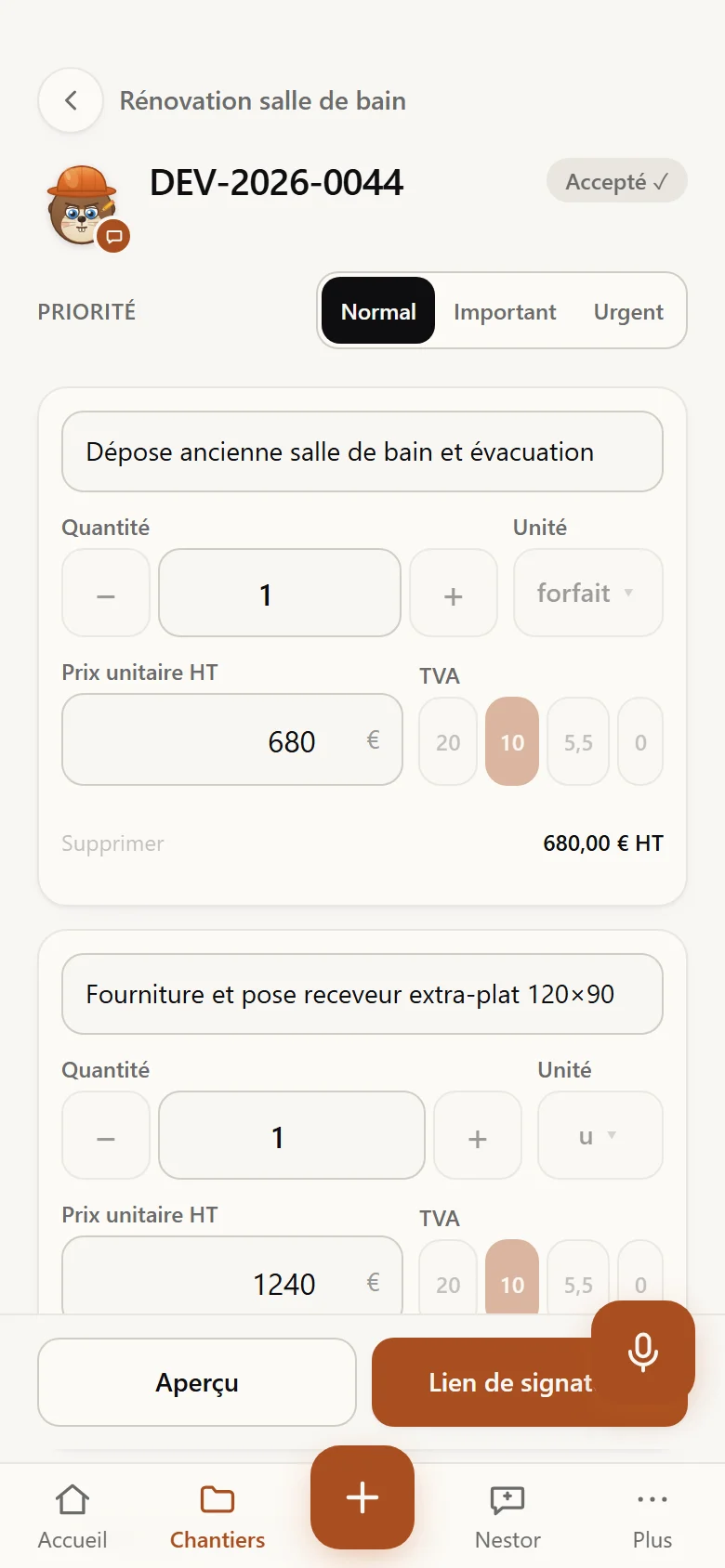 Édition d'un devis : lignes de prestation avec quantité, unité, prix unitaire hors taxes et taux de TVA.